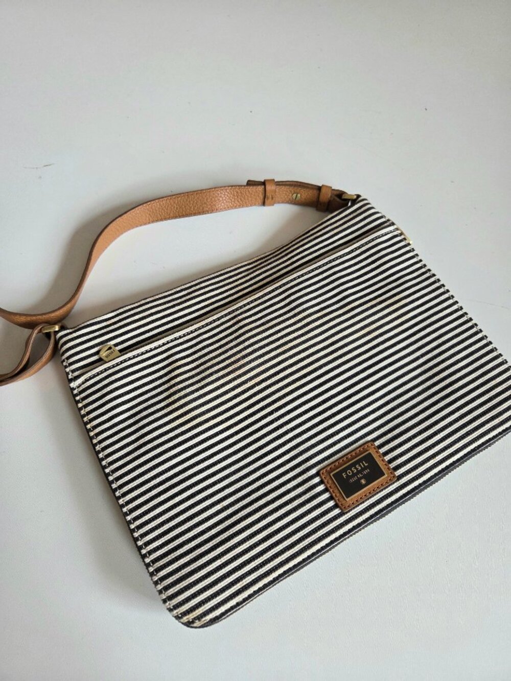 Fossil Leather and Stripy Fabric Crossbody Handbag AS IS